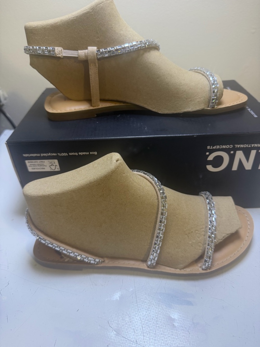 INC International Concepts Tan Sandals with Silver Crystal Straps - Picture 3 of 10
